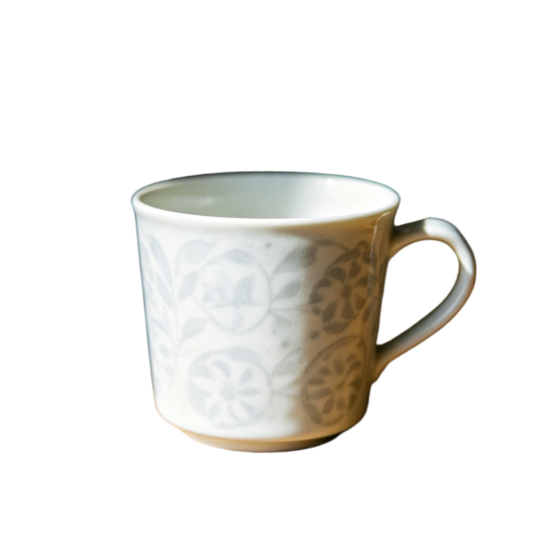 Soft Grey Botanical Pattern Mug - Retro-Inspired Ceramic Cup(3-Piece Set)